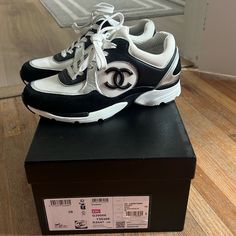 Worn 1x Purchased Last Year Excellent Condition, Like New Calf Skin Fabric And Suede Box No Dust Bag Size 38 Sporty Silver Sneakers With Branded Heel Counter, Suede Box, Shoes Chanel, Chanel Sneakers, Chanel Shoes, Womens Shoes Sneakers, Black Silver, Calf Skin, Dust Bag