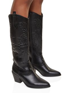 Cowboy Boot, Pointed Toe, Block Heel, Mid Heel: 2-3 inches, Decorative Stitching, Zippers, Solid, Item Number 3116077423255 Heel Cowboy Boots, Cowboy Boots Black, Weatherproof Boots, Clear Shoes, Fur Shoes, Metallic Shoes, Decorative Stitching, Denim Shoes, Cowboy Boot