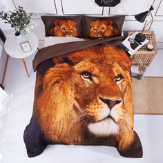 a bed with a lion face on it