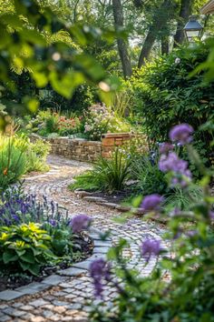 a garden with lots of plants and flowers in it's center, surrounded by trees