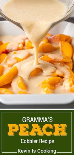 a spoon pouring gravy onto a casserole with peaches in it