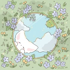 an illustration of a polar bear looking at the earth in a field of flowers and grass