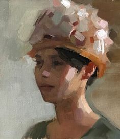 an oil painting of a woman wearing a hat with flowers on it's head