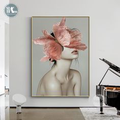 a woman with pink flowers on her head in front of a piano