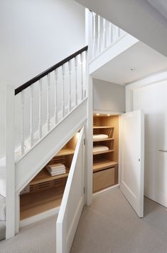 an open closet under the stairs in a house with white walls and carpeted flooring