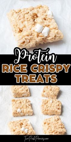 rice krispy treats with marshmallows on top and the words, protein rice crispy treats recipe