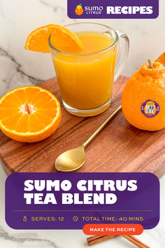 an advertisement for the suno citrus tea blend on a cutting board with oranges and cinnamon sticks