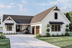 this is a computer rendering of the front elevation of a farmhouse style home with an open floor plan