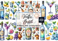 a collage of alcohol bottles and glasses with the words vodka bottle clipart png commercial use