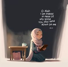 a woman sitting on the floor reading a book with an islamic quote above her head