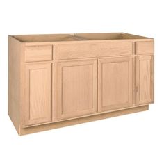 an unfinished kitchen cabinet with no doors