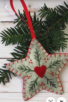 an ornament hanging from a tree branch with a red heart in the center