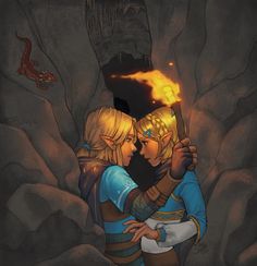 two blonde haired women hugging in front of a cave with a dragon on the other side