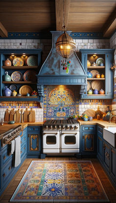 a kitchen with blue cabinets and an area rug on the floor in front of the stove