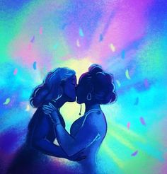 two women kissing in front of an abstract background with colorful lights and confetti