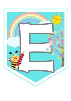 the letter e with a bee and rainbows in the background is on top of a blue