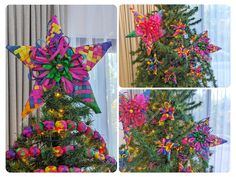 three pictures of a christmas tree decorated with colorful ribbons and bows, all in different colors