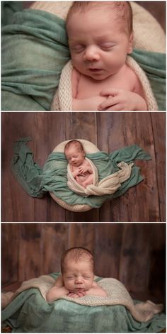 a baby sleeping on top of a blanket in the middle of three different photos, one is