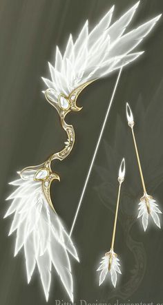 an artistic image of two white wings and one gold arrow with crystal points in the middle