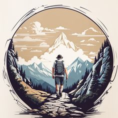 a man with a backpack walking on a path through the mountains in front of clouds