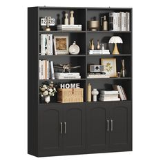 an open bookcase with many items on it