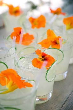 many glasses filled with water and orange flowers