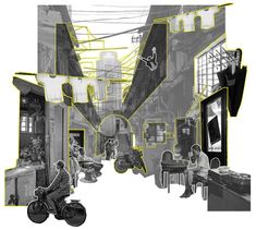 black and white photograph of people sitting at tables in an alleyway with yellow accents