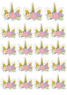 unicorn stickers with pink flowers and gold horns on them, all in different shapes