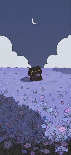 a black cat laying on top of a lush green field under a moon filled sky