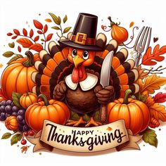 a turkey wearing a pilgrim hat holding a knife and fork in front of some pumpkins