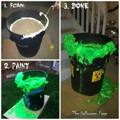 three pictures showing how to make a halloween bucket