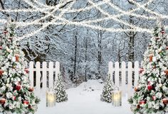 a white picket fence with christmas lights on it and trees in the snow behind it