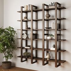 a wooden shelf with several shelves on it and a potted plant in the corner