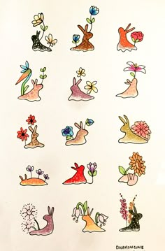 an image of stickers on the back of a white sheet with flowers and rabbits