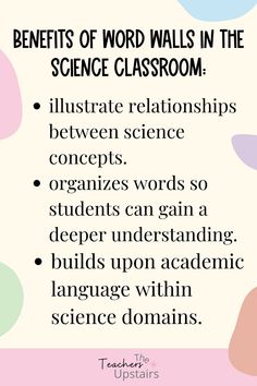 a poster with the words benefits of word walls in the science classroom, and an image of