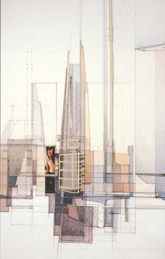 an abstract image of buildings and people in the city, with one person looking at something