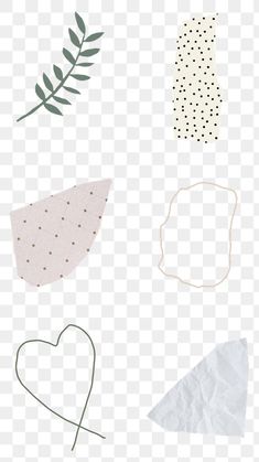 some different types of paper on a white background, with leaves and dots in the middle