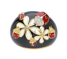 Take a style cue from the garden with this sparkly floral lady bug ring that adds colorful appeal to your finger. From Ariva. Bug Ring, Flower Center, Topaz Stone, Enamel Flower, Ring Size Guide, A Style, Lady Bug, White Enamel, White Topaz