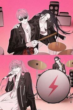 two anime characters playing drums in front of microphones and sound equipment with pink background