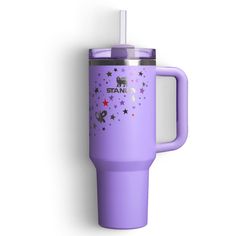 a purple travel mug with stars on it