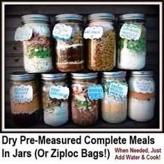 there are many jars full of food and labeled with labels on them that read dry pre - measured complete meals in jars or zipc bags