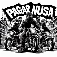 two men riding motorcycles with the words pagar nusa on it's back