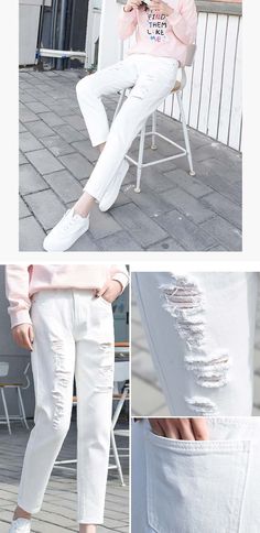 FREE SHIPPING Ripped Jeans Woman High Waist Boyfriend Jeans Pants JKP3644 White Stretch Jeans For Spring, Spring White Stretch Jeans, White Ripped Casual Jeans, White High Waist Slim Fit Pants, White Slim Fit High Waist Pants, Ripped Relaxed Fit Pants For Spring, Ripped Slim Fit Bottoms For Spring, Casual White Slim Fit Bottoms, White Slim Fit Bottoms For Spring