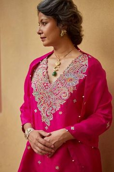 Buy Pink Pure Silk Embroidered Resham And Zardozi Work V Neck Kurta Set For Women by Mrunalini Rao Online at Aza Fashions. Mrunalini Rao, V Neck Kurta, Lehenga Saree Design, Zardozi Work, Traditional Attires, Zardozi Embroidery, Kurta Set For Women, Short Kurta, Embroidery On Kurtis