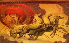 the painting depicts four horses pulling a chariot with two men on it and an angel in the background