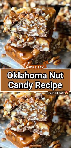 an image of some kind of candy bar with nuts on top and the words quick & easy