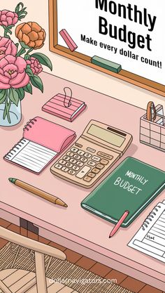 a desk with a calculator, notebooks and flowers on it