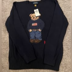 Ralph Lauren Polo Bear Flag Nwt Xl 18-20 Youth Size Fits Women S,Mlisted As Women’s Small. I Wear S, M Fits Me Fine Authentic Polo Ralph Lauren Bear, Bear Flag, Ralph Lauren Polo Bear, Flag Sweater, Ralph Lauren Pullover, Navy Blue Sweater, Brown Loafers