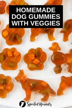 homemade dog gummies with veggies on a white plate and text overlay reads homemade dog gummies with veggies