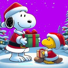 a snoopy christmas scene with a dog giving a present to a person wearing a santa hat